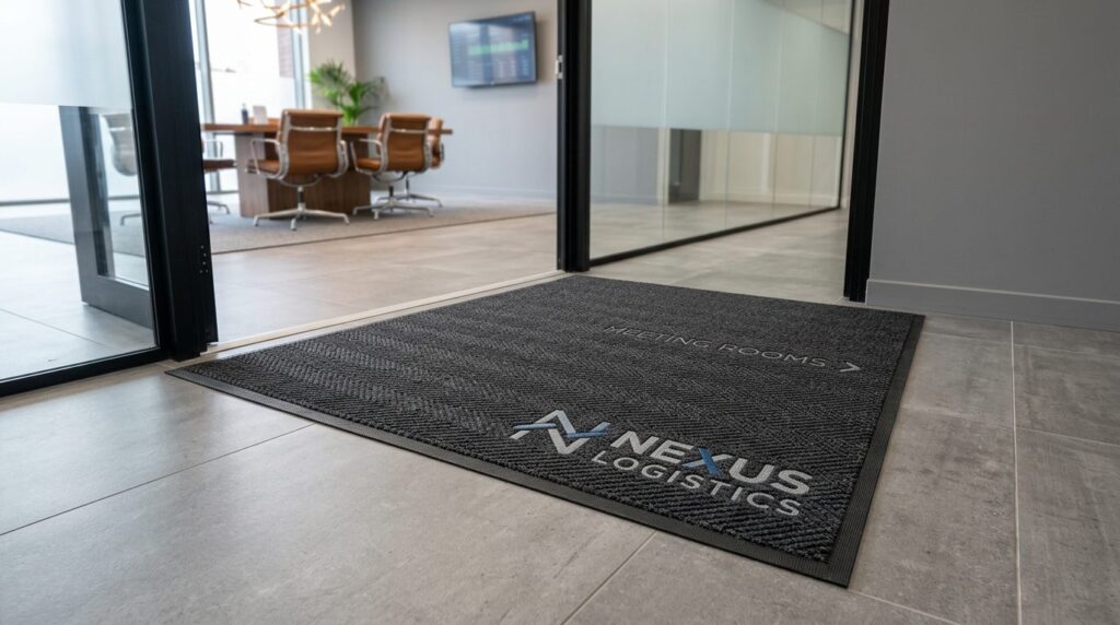 Close-up overhead view of a premium business floor mat with 