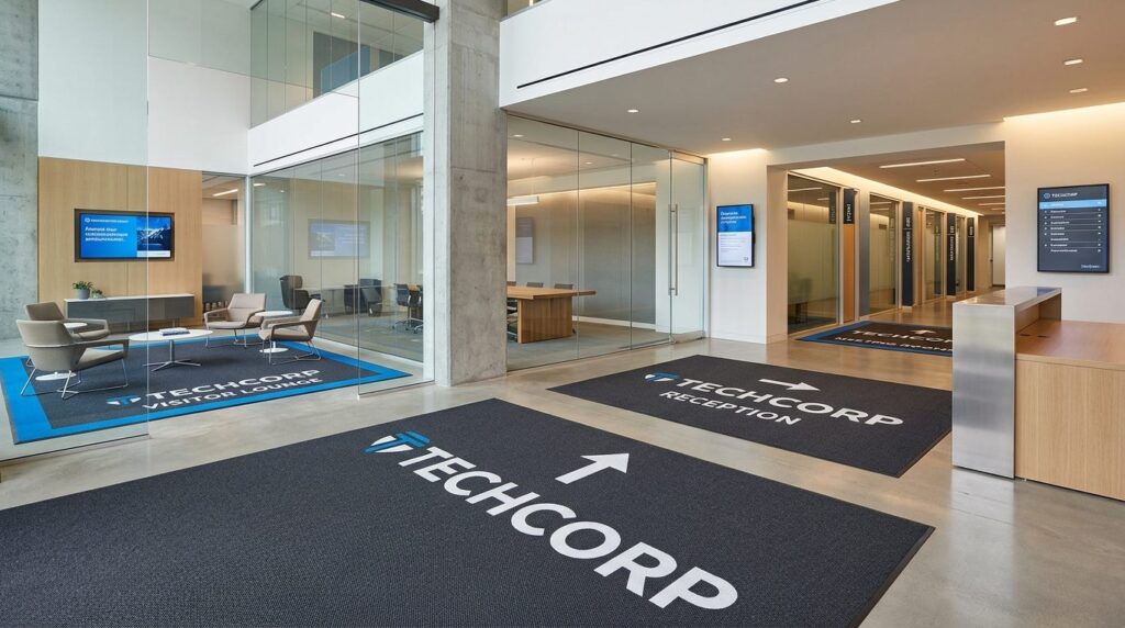 Modern corporate workspace showing multiple branded entrance