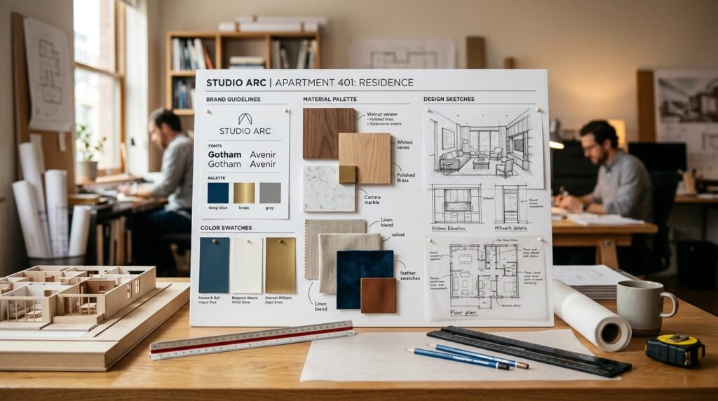 Close-up of an interior design project board in an architect