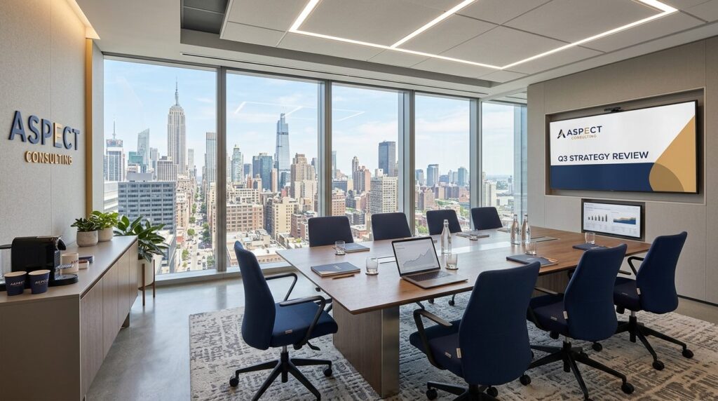 Modern consulting room with floor-to-ceiling windows overloo