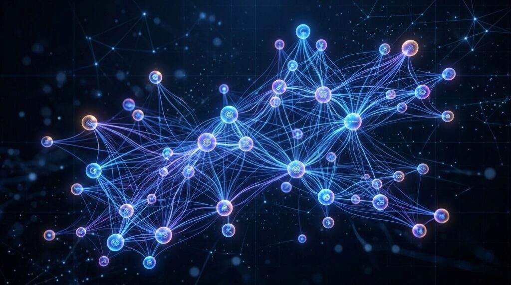 Abstract visualization of interconnected brand nodes and AI