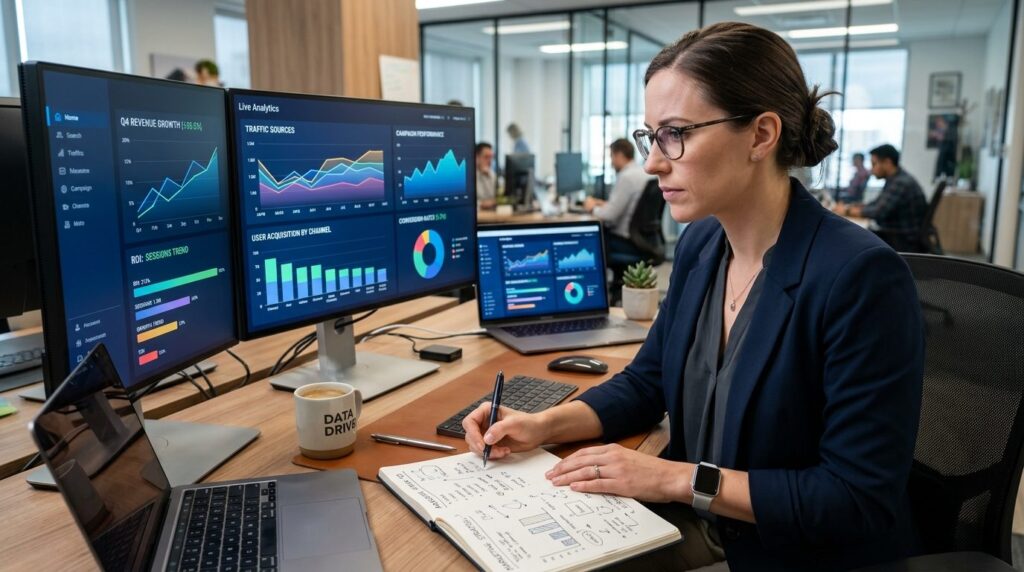 Close-up of a marketing professional analyzing data on multi