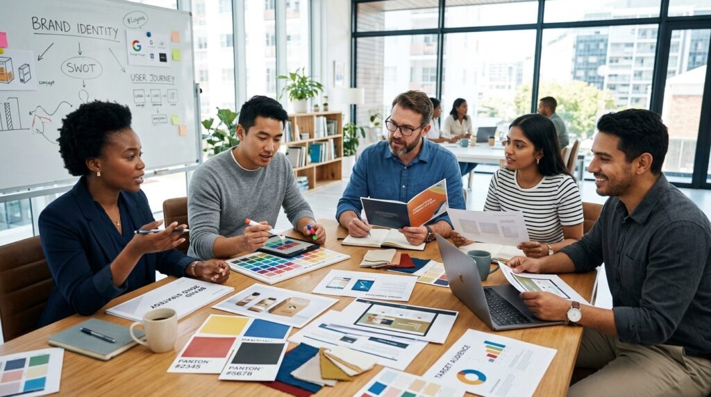 Team of business professionals collaborating around a table 