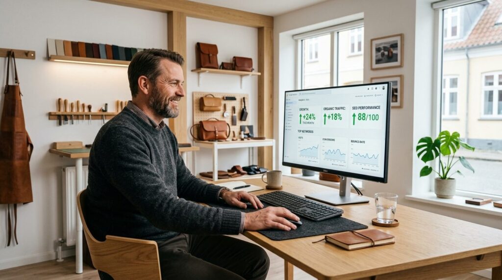 Small business owner, middle-aged male craftsperson, sitting