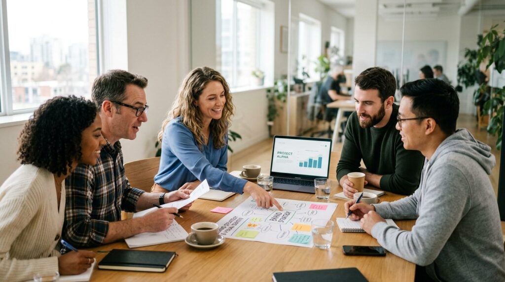 Small business team collaborating around a table with laptop