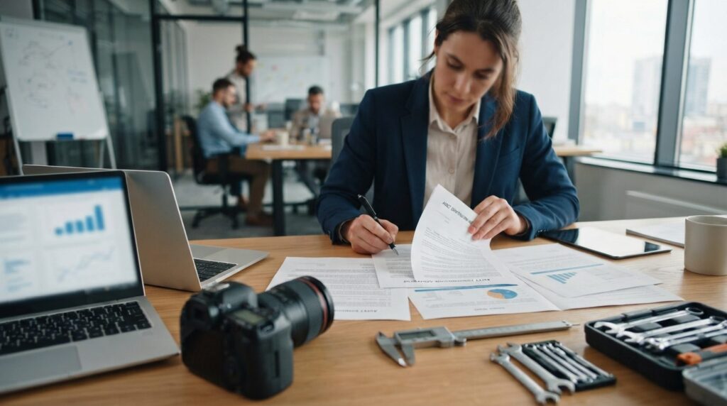 Modern company formation scene: Entrepreneur signing asset c