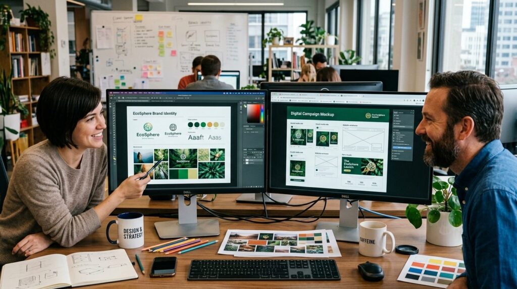 Creative designer and marketing strategist reviewing brand i