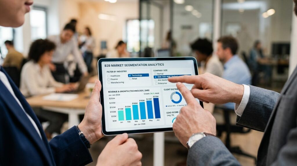 Close-up of hands pointing at tablet screen showing business