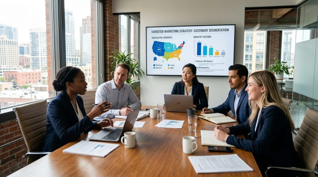 Diverse business professionals in conference room discussing