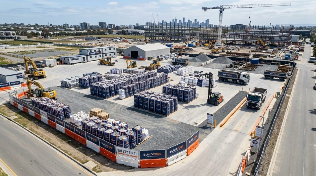 Aerial view of construction site logistics area with strateg