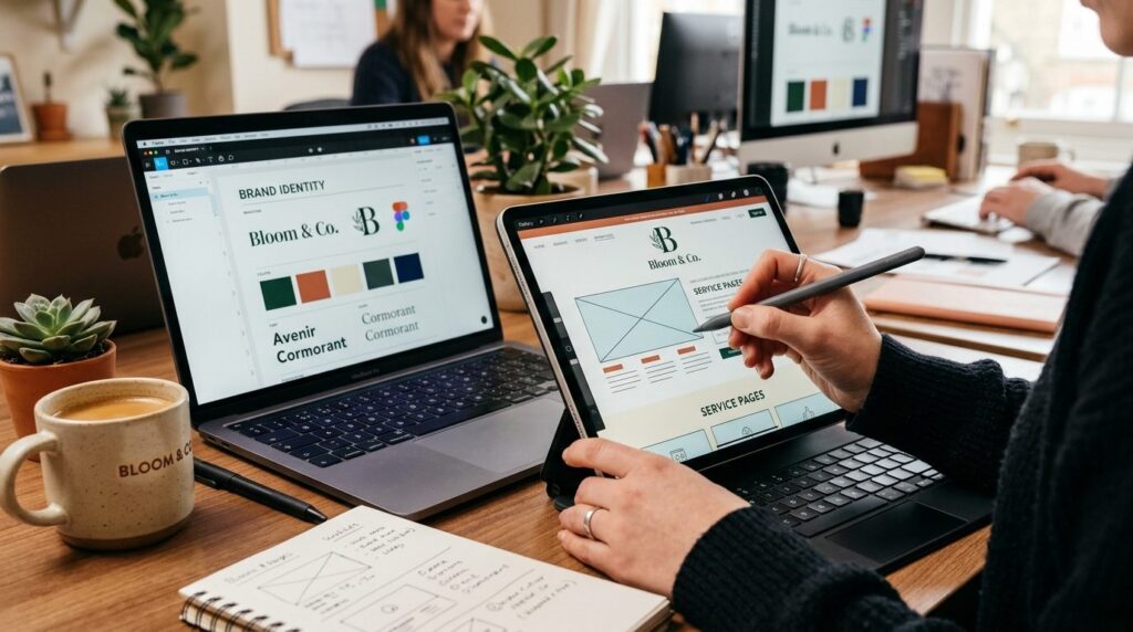Designers hænder arbejder på tablet og computer ved designopgave.