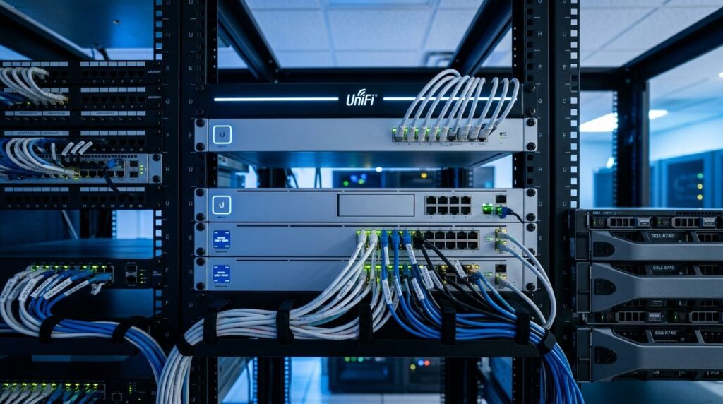 Close-up of network infrastructure and server equipment in a