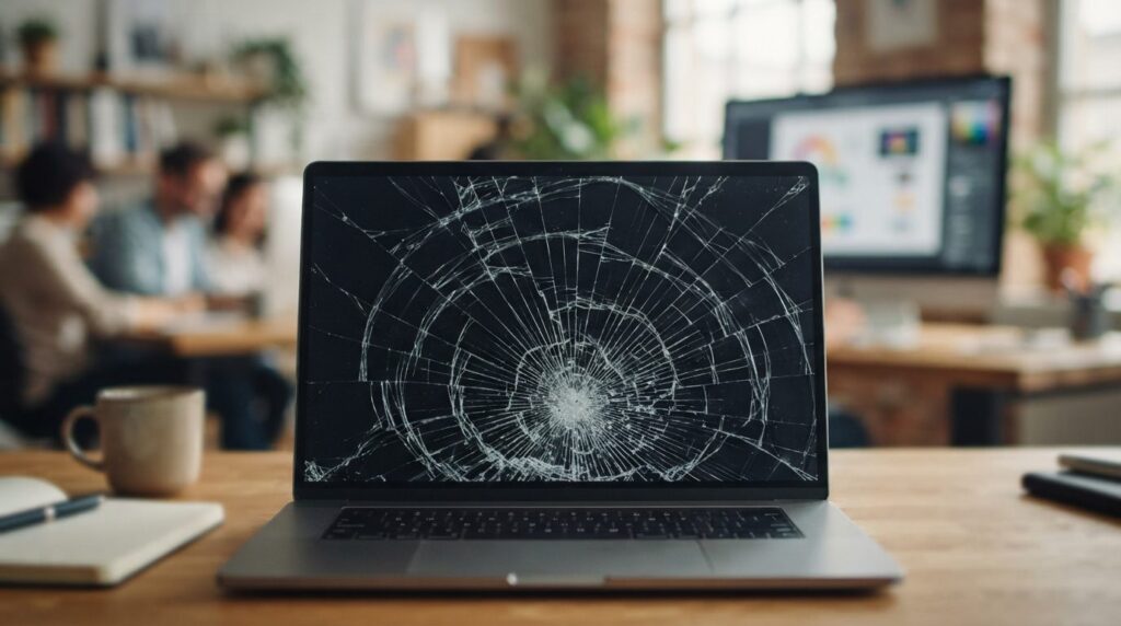 Close-up stock photo of a cracked MacBook Pro screen with vi