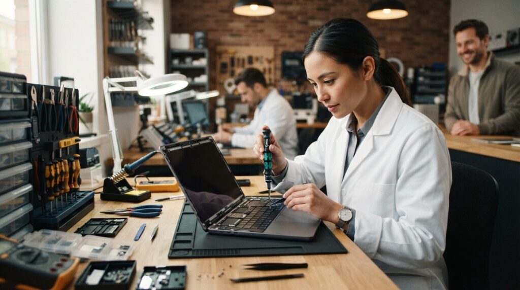 Stock photo of a professional technician in white lab coat c