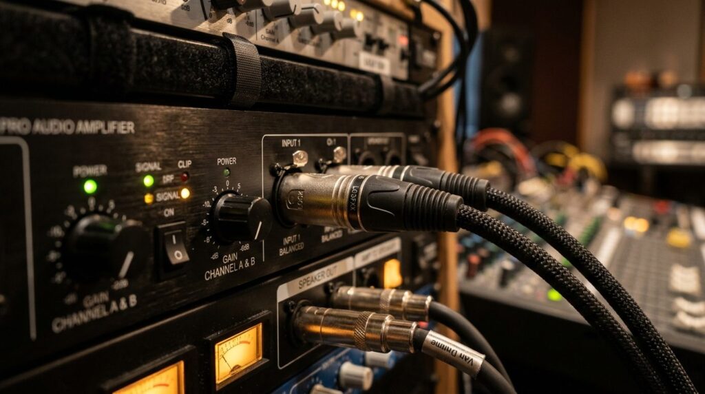 Close-up detail of premium audio equipment rental setup show