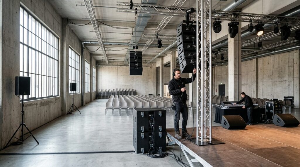 Wide shot of event venue sound check in progress, technician