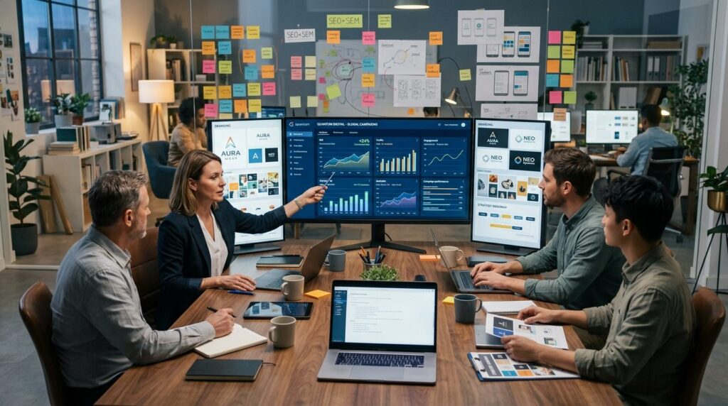 Executive team analyzing digital marketing dashboard and bra