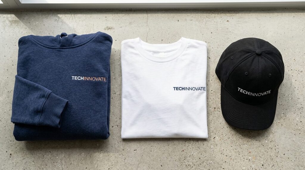 Close-up flat lay of branded company merchandise - navy hood