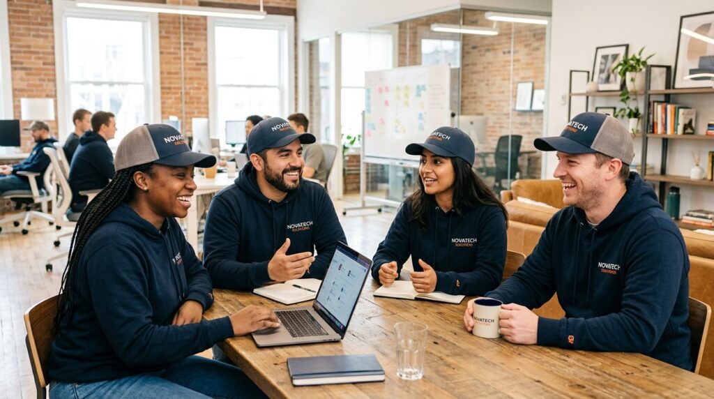 Small business team of diverse professionals wearing coordin